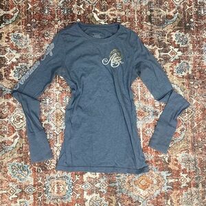 American Eagle Y2K blue script embroidered logo fitted long sleeve size SP